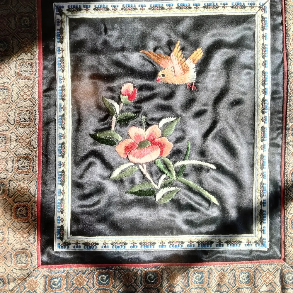 Vintage framed needlepoint on silk bird and flower tapestry